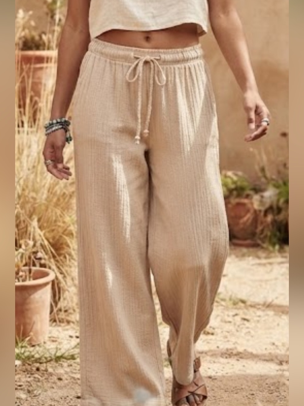 Thrills Beige Linen-Blend Drawstring Pants Medium | Coastal Boho Relaxed